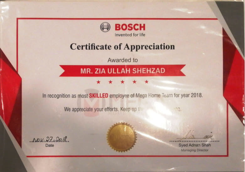 Bosch Certificate of Appreciation 2018